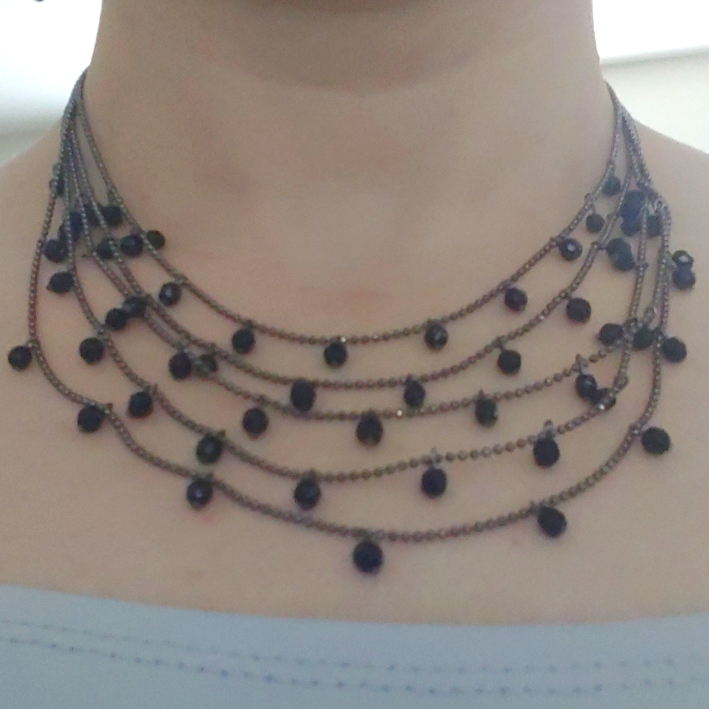 SALE: Silver-Colored 5-Chain Adjustable  Necklace -Small Black Dangling Beads